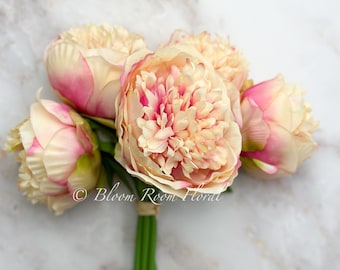 Apricot Pink Peony Bouquet: 5-Stem Realistic Silk Flowers