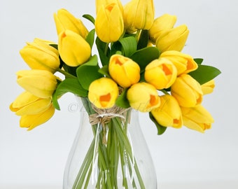 6 tiges de tulipes jaunes Real Touch 25 cm, fleur artificielle réaliste de haute qualité pour cuisine/mariage/cadeaux pour la maison, décoration florale, artisanat T-007