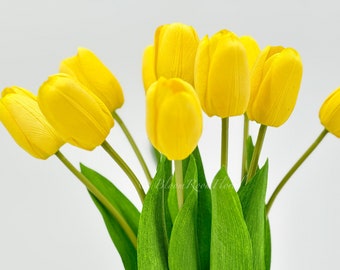 10 Yellow Real Touch Tulip Stems, Faux Floral Arrangement