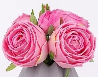 Bright Pink 6 Stem Real Touch Roses Extremely Realistic Luxury Quality Artificial Flower | Wedding/Home Decoration Gifts Decor Floral R-015