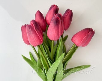 10 tulipanes de tacto real de color rosa intenso: decoración floral artificial de lujo