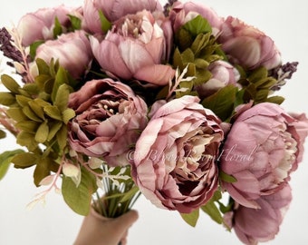 Large Head Peonies | Floral Bouquet Artificial Flower | Wedding/Home Decoration Gifts | Décor | Floral, 20'' Soft Blooming 13 Stem Mauve