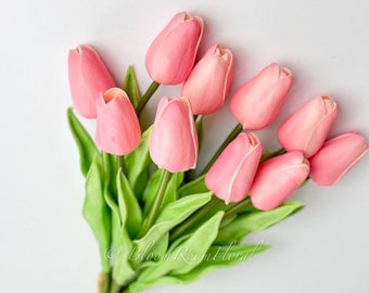 10 Pink Real Touch Tulips Artificial Flower, Realistic Luxury Quality Artificial Kitchen/Wedding/Home Gifts Decor Floral Craft Floral