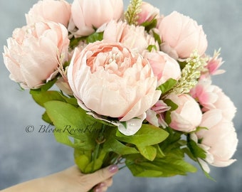 Pivoines à grosse tête | Bouquet floral Fleur artificielle | Mariage/Décoration d'intérieur Cadeaux Décoration | Floral, 18 po. Doux tiges épanouies rose clair