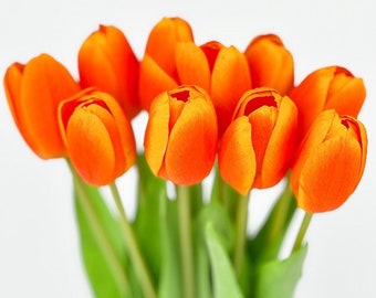 10 Stems Real Touch Tulips Stems, Artificial Flower High Quality Faux Floral, Wedding/Home Gifts Decor Floral Craft Tulip - Orange T-001