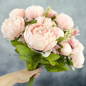 Large Head Peonies | Floral Bouquet Artificial Flower | Wedding/Home Decoration Gifts Décor | Floral, 18'' Soft Blooming Stems Light Pink