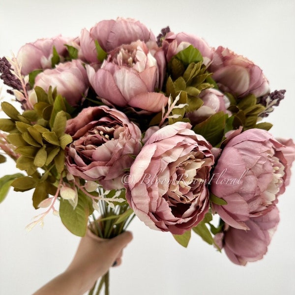 Large Head Peonies | Floral Bouquet Artificial Flower | Wedding/Home Decoration Gifts | Décor | Floral, 20'' Soft Blooming 13 Stem Mauve