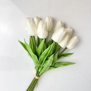 10 White Real Touch Tulips Artificial Flower, Realistic Luxury Quality Artificial Kitchen/Wedding/Home Gifts Decor Floral Craft Floral