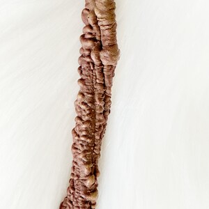 May include: Close-up of a textured, brown, organic object against a white background. The object has a rough, bumpy surface with a dark brown color. The background is a soft, white, possibly fabric-like texture.