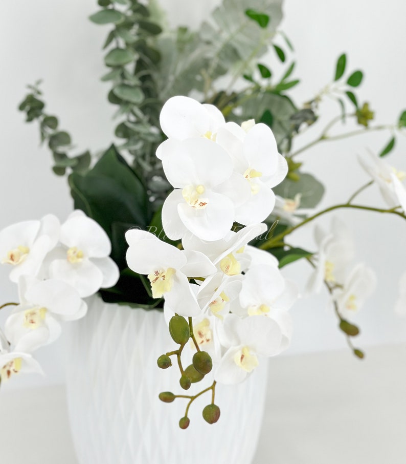 May include: White orchid flowers in a white ceramic vase with green leaves.