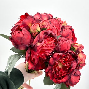 14 Red 7 Stem Peony Rose Bouquet Realistic high Quality Artificial Flowerss Kitchen/Wedding/Home Decoration Gifts French Floral Flower image 3