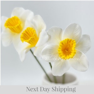 3 Real-Touch Stems White Light Yellow Daffodils Faux Flowers/Wedding/Home Decoration Gifts Decor Floral Silk Flowers, Artificial Spray N-014