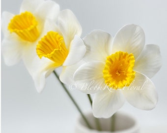 3 Real-Touch Stems White Light Yellow Daffodils Faux Flowers/Wedding/Home Decoration Gifts Decor Floral Silk Flowers, Artificial Spray N-014