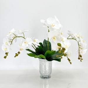 May include: White orchid flower arrangement in a silver vase. The orchids have white petals and yellow centers. The vase is a silver color with a textured surface.