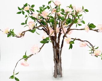 27” Light Pink Cherry Blossom Artificial Flowers, Faux Fake Floral Branches, Silk Realistic Home Wedding Kitchen Decor Spring 1 Stem