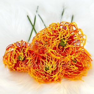 K&ouml;nnte beinhalten: Ein Strau&szlig; aus orangefarbenen und gelben Kunstblumen mit drahtartiger Textur. Die Blumen sind in einer Gruppe angeordnet und haben ein zartes, federleichtes Aussehen.