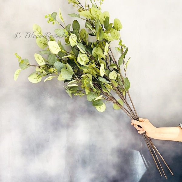 Tall Eucalyptus Stem: Light Green Silk Leaves, Realistic Floral Craft (30")