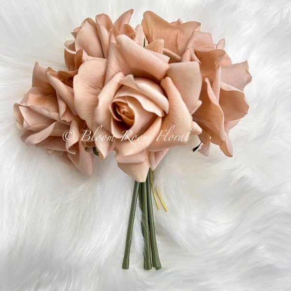 5 Stem Real Touch Roses | Extremely Realistic Luxury Quality Artificial Flower | Wedding/Home Decoration | Gifts Decor Floral Caramel R-006