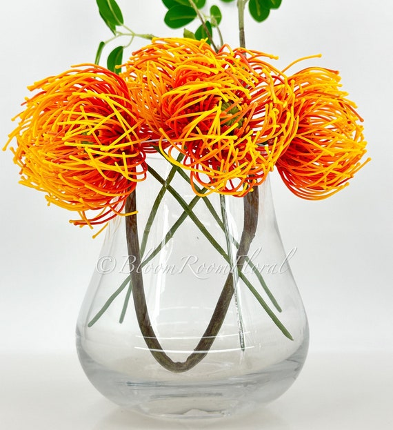 Orange Protea Artificial Flower: 12" Short Stem, DIY Floral Decor