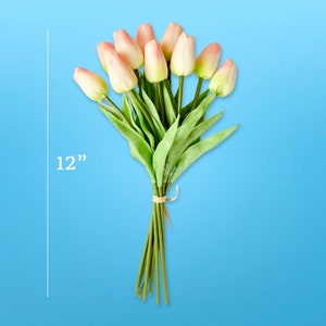 May include: A bouquet of 12 pink artificial tulips with green stems, tied together with twine. The bouquet is 30.5 cm tall.