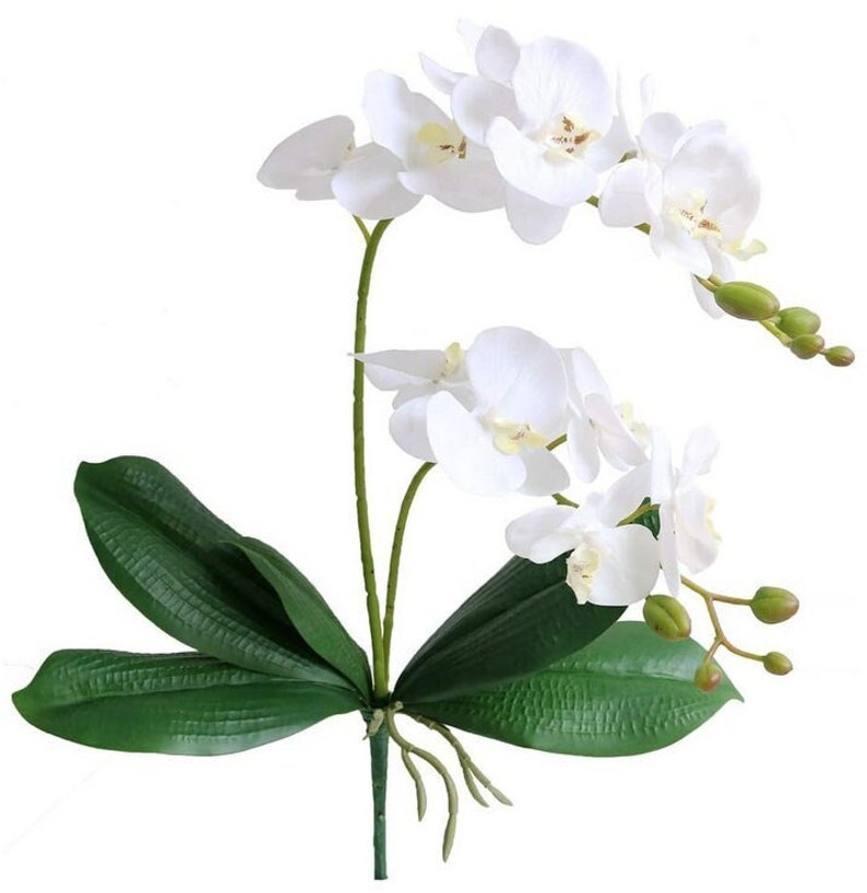 May include: A white artificial orchid plant with green leaves. The orchid has multiple blooms and is a realistic artificial flower.