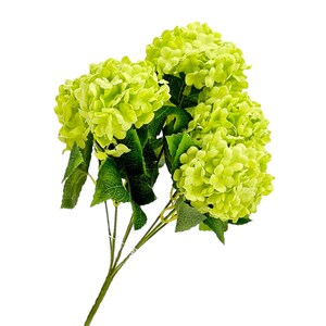 May include: A bouquet of artificial green hydrangea flowers with green leaves.