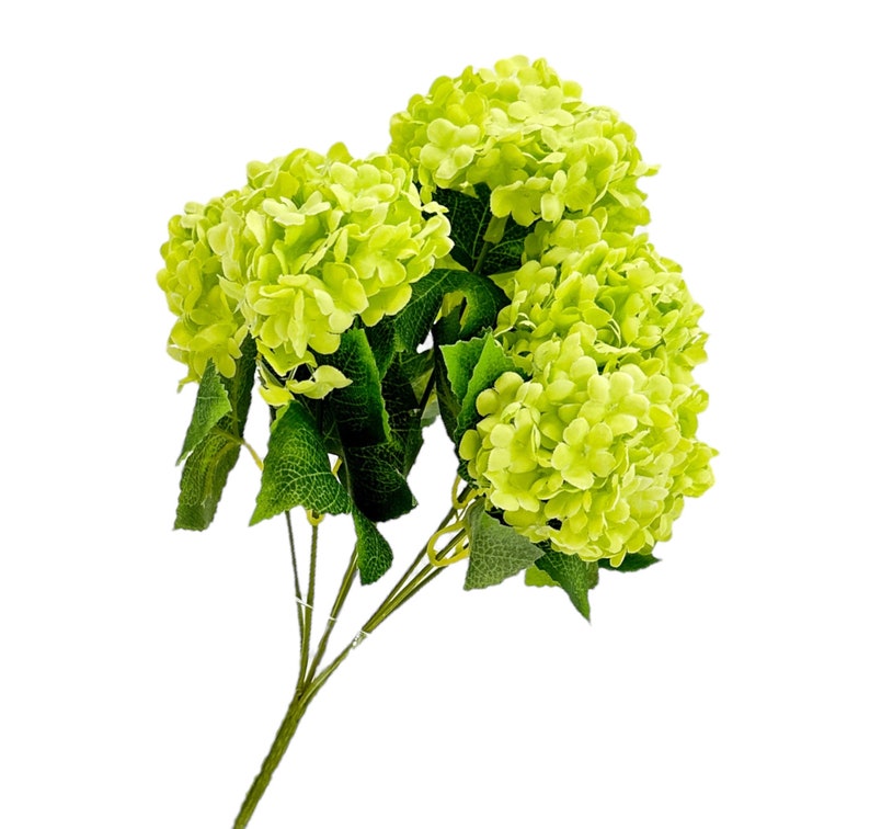 May include: A bouquet of artificial green hydrangea flowers with green leaves.