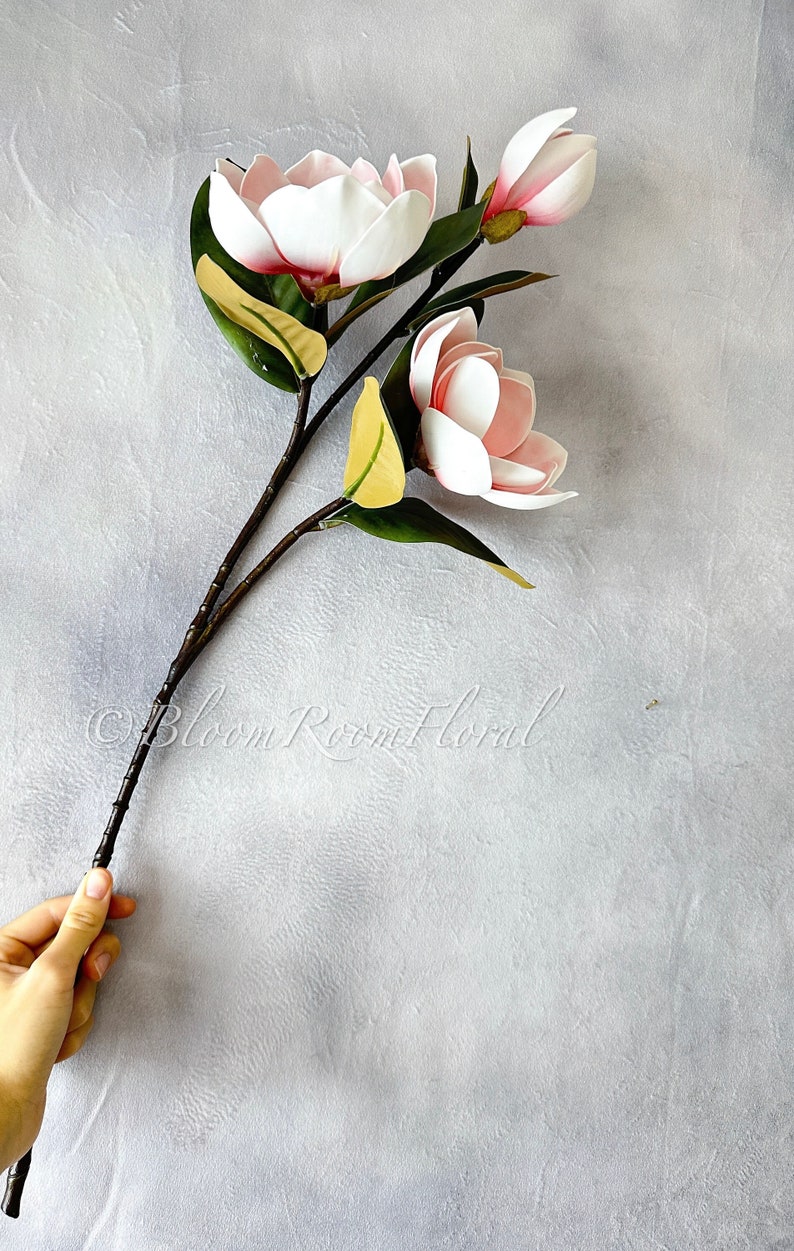 May include: A bouquet of three pink magnolia flowers with green leaves and brown stems. The flowers are arranged in a vase and the stems are visible. The background is a light gray.