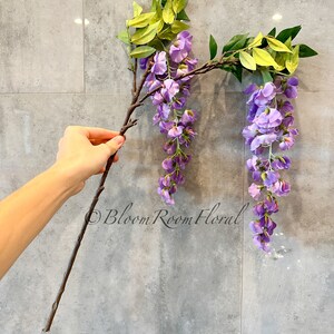May include: A long, brown branch with two clusters of purple wisteria flowers and green leaves. The branch is held by a hand against a gray tiled background.