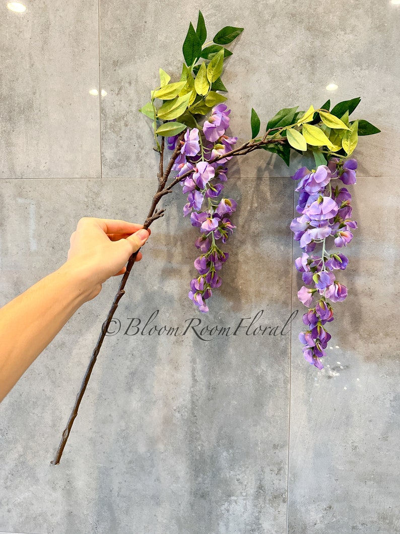 May include: A long, brown branch with two clusters of purple wisteria flowers and green leaves. The branch is held by a hand against a gray tiled background.