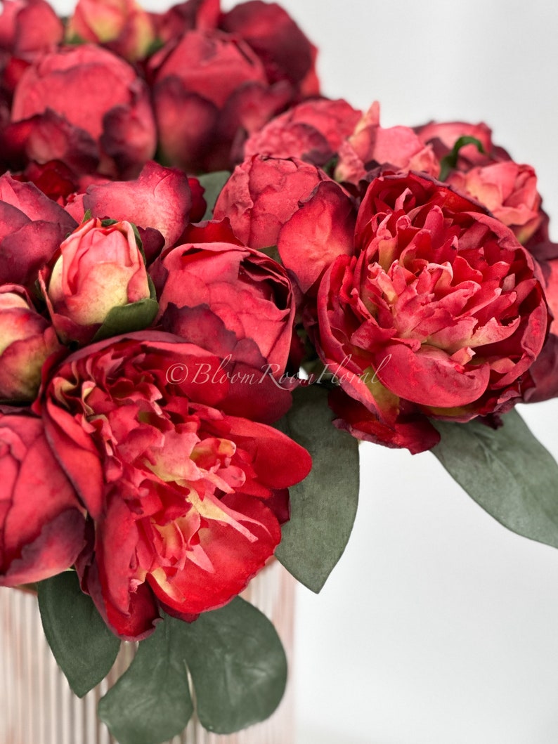 14 Red 7 Stem Peony Rose Bouquet Realistic high Quality Artificial Flowerss Kitchen/Wedding/Home Decoration Gifts French Floral Flower image 5