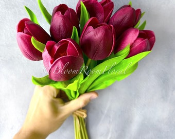 7 Burgundy Real Touch Tulips, Artificial Flowers