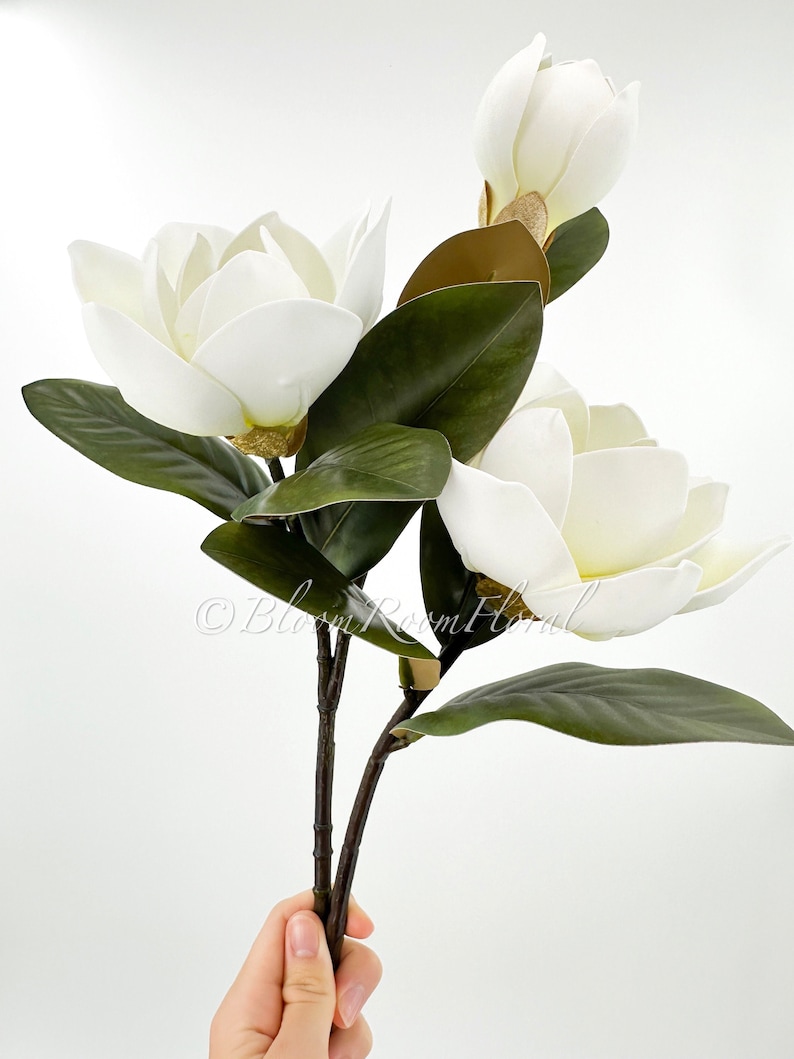 K&ouml;nnte beinhalten: Ein k&uuml;nstlicher Magnolienstiel mit drei gro&szlig;en, cremewei&szlig;en Bl&uuml;ten und einer Knospe. Die dunkelgr&uuml;nen Bl&auml;tter bilden einen Kontrast zu den wei&szlig;en Bl&uuml;ten. Der Stiel ist dunkelbraun. Das Bild ist vor einem wei&szlig;en Hintergrund.