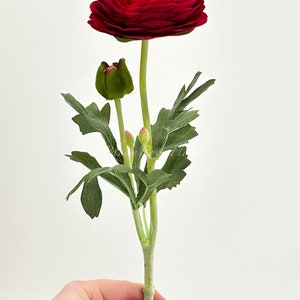 May include: A single artificial ranunculus flower with a large, ruffled, deep red bloom. The stem is green with green leaves and a bud. The flower is held against a white background.