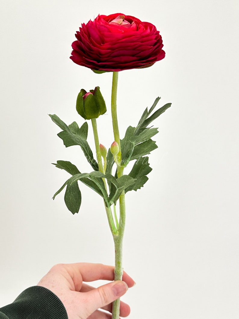 May include: A single artificial ranunculus flower with a large, ruffled, deep red bloom. The stem is green with green leaves and a bud. The flower is held against a white background.