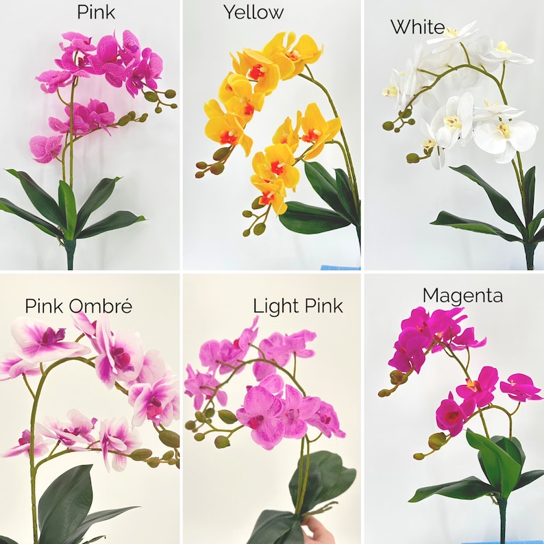 May include: Six artificial orchid stems in different colors: pink, yellow, white, pink ombre, light pink, and magenta. Each stem has multiple orchid blossoms and green leaves.