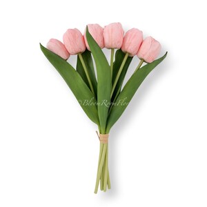 May include: A bouquet of six pink tulips with green leaves tied together with a brown ribbon.