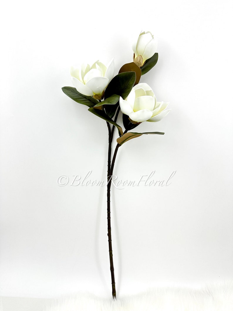 K&ouml;nnte beinhalten: Ein einzelner Stiel k&uuml;nstlicher Magnolienbl&uuml;ten. Der Stiel ist dunkelbraun, mit drei offenen wei&szlig;en Bl&uuml;ten und einer geschlossenen Knospe. Die Bl&auml;tter sind dunkelgr&uuml;n und der Hintergrund ist wei&szlig;. Der Text "Bloom Room Floral" befindet sich unten rechts.