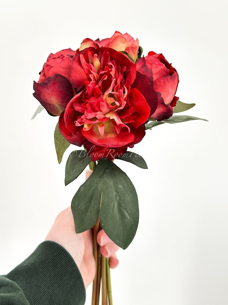 14 Red 7 Stem Peony Rose Bouquet Realistic high Quality Artificial Flowerss Kitchen/Wedding/Home Decoration Gifts French Floral Flower image 2