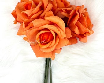 5 Stem Real Touch Roses | Extremely Realistic Luxury Quality Artificial Flower | Wedding/Home Decoration | Gifts | Decor Floral Orange R-012