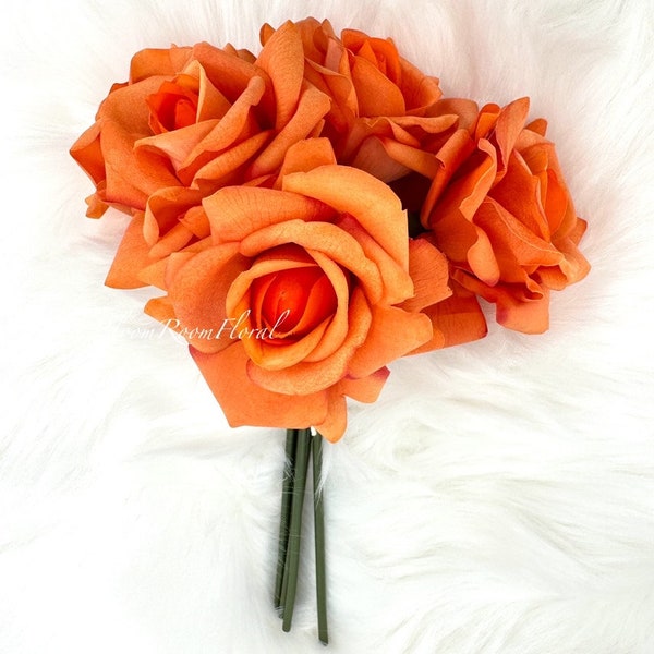 5 Stem Real Touch Roses | Extremely Realistic Luxury Quality Artificial Flower | Wedding/Home Decoration | Gifts | Decor Floral Orange R-012