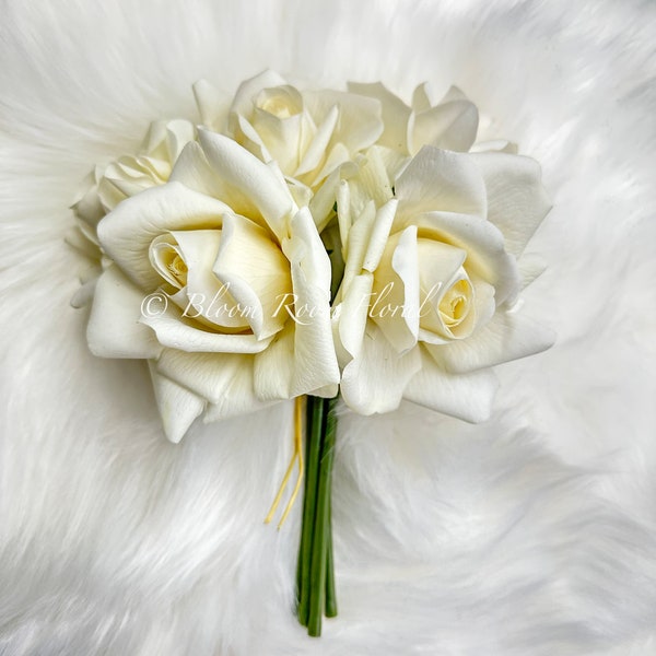 5 Stem Ivory Color Real Touch Roses | Extremely Realistic Luxury Quality Artificial Flower | Wedding/Home Decoration | Gifts | Floral R-001