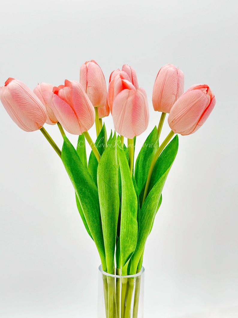 Puede incluir: Un ramo de tulipanes rosas en un jarr&oacute;n de cristal transparente. Los tulipanes tienen un aspecto suave y texturizado, con tallos y hojas verdes. El arreglo se encuentra sobre un fondo blanco liso, resaltando los delicados colores de las flores.