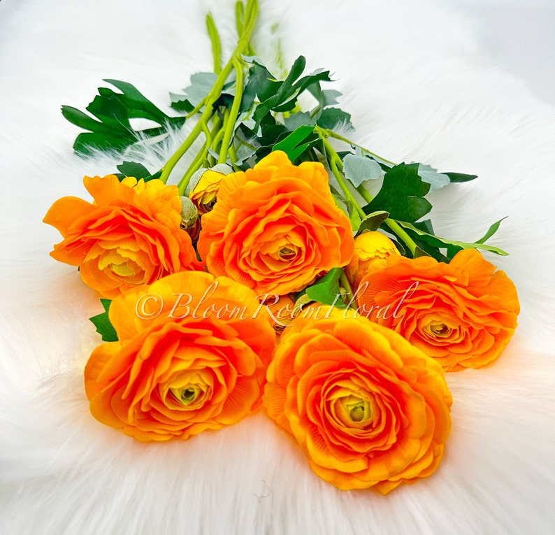 May include: A bouquet of bright orange ranunculus flowers with green stems and leaves.