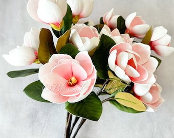 Tallo de magnolia rosa de tacto real: arreglo floral artificial de 3 cabezas, 76 cm (30 pulgadas)