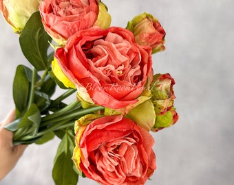 8 Stengel Lachs getrocknete Optik 32"Peony Faux künstlichen Bouquet Hochzeit/Wohndekor | Geschenk | Dekor Blumen Seidenblumen Französisch Realistisch P-043