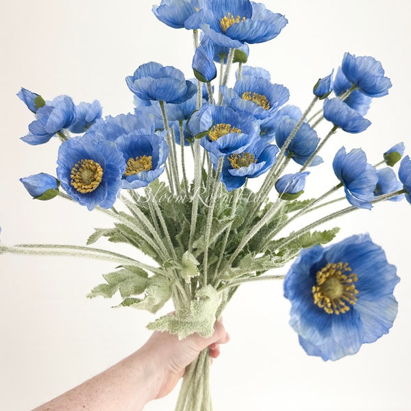 Cornflower Blue Poppy Stem: 23" Artificial Silk Artificial Flower, Wedding Home Decor
