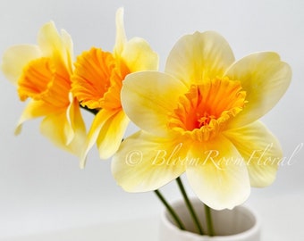 3 Real-Touch Light Yellow Daffodil Stems: Faux Floral Spray, 14" Handmade