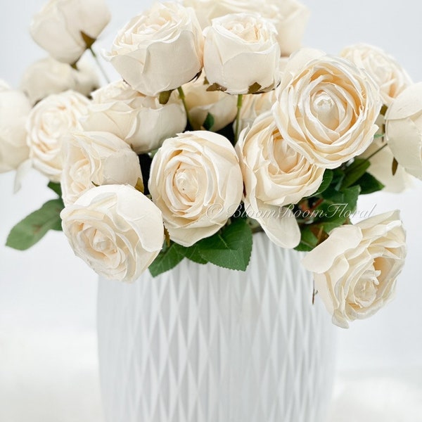 Cream White Silk Rose Bush, Artificial English Roses, 18" Tall