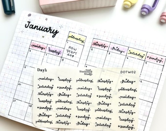 May include: A sheet of planner stickers with the days of the week written in cursive. The stickers are on a white background with a light brown border. The text "DOTW02" is printed in the top right corner of the sheet.